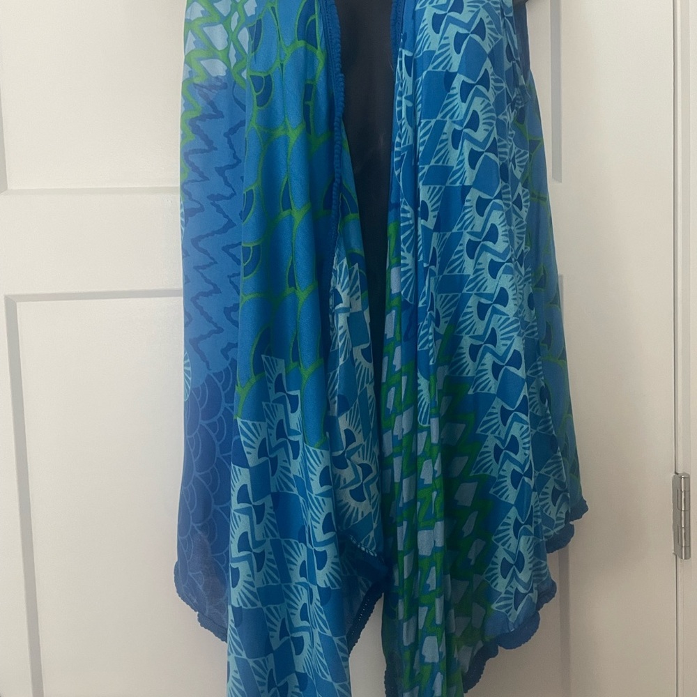 Colleen Lopez Sz M blue green kimono pompom trim swim coverup tropical beachy